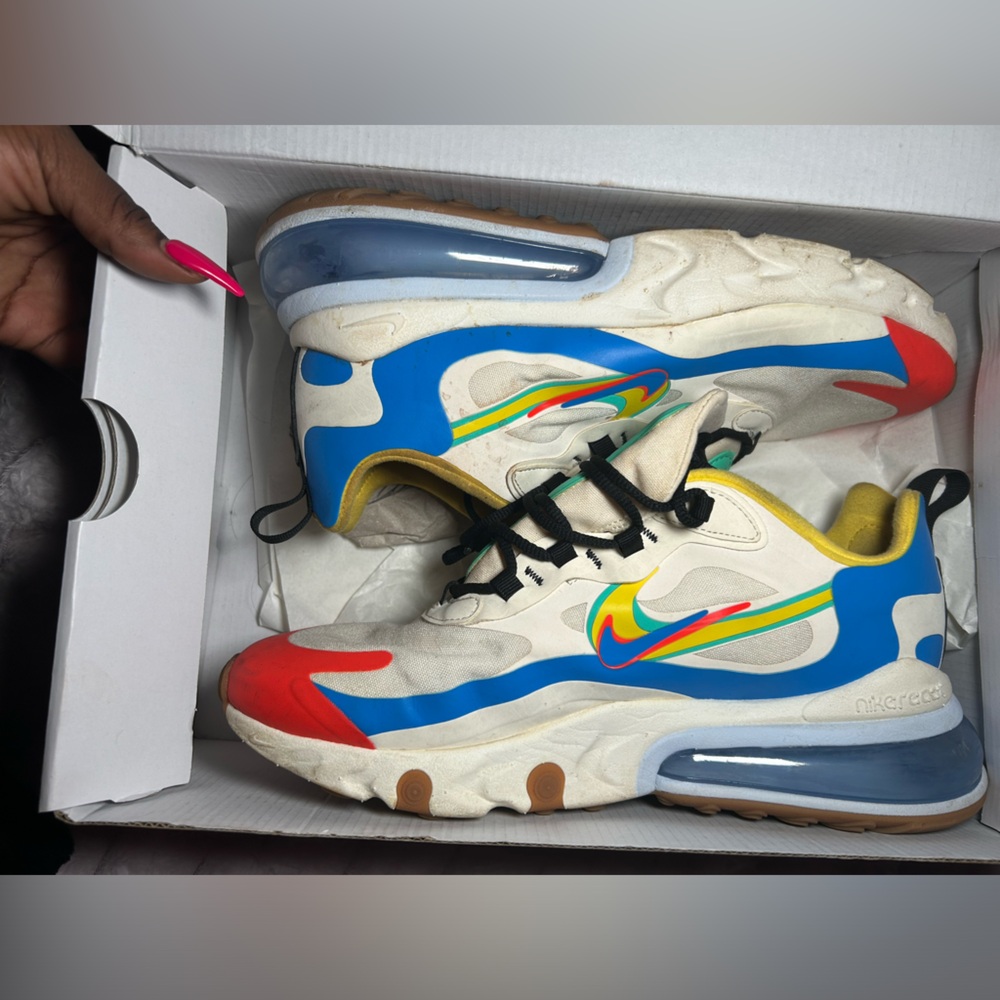 Nike 270 react Sneakers - Cream with Blue, Red, and Yellow Accents